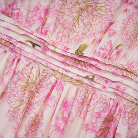 Serenity Floral Midi Dress - Pink Round Neck Long Puff Sleeves Pleated Detail