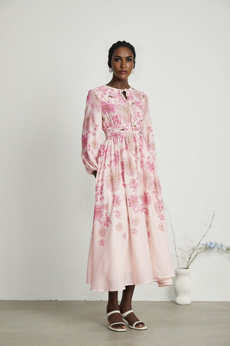 Serenity Floral Midi Dress - Pink Round Neck Long Puff Sleeves Pleated Detail