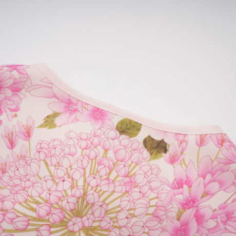 Serenity Floral Midi Dress - Pink Round Neck Long Puff Sleeves Pleated Detail