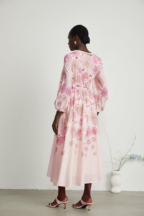Serenity Floral Midi Dress - Pink Round Neck Long Puff Sleeves Pleated Detail