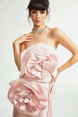 Serenity Midi Dress Pink Faux Flower Off Shoulder Style