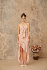 Serenity Midi Dress Pink Ruched Asymmetrical & Shirred Panel