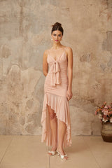 Serenity Midi Dress Pink Ruched Asymmetrical & Shirred Panel
