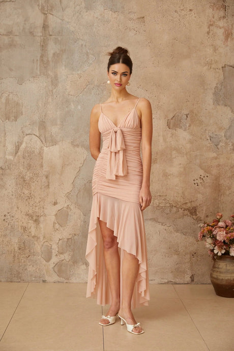Serenity Midi Dress Pink Ruched Asymmetrical & Shirred Panel
