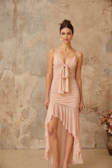 Serenity Midi Dress Pink Ruched Asymmetrical & Shirred Panel