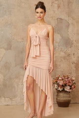 Serenity Midi Dress Pink Ruched Asymmetrical & Shirred Panel