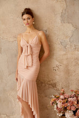 Serenity Midi Dress Pink Ruched Asymmetrical & Shirred Panel