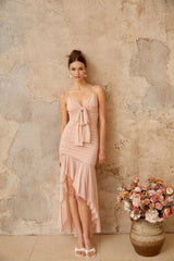 Serenity Midi Dress Pink Ruched Asymmetrical & Shirred Panel
