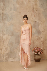 Serenity Midi Dress Pink Ruched Asymmetrical & Shirred Panel