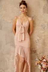 Serenity Midi Dress Pink Ruched Asymmetrical & Shirred Panel