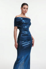 Shayla Blue Metallic Sheen Off-Shoulder Ruched Detailing Fitted Silhouette Dress