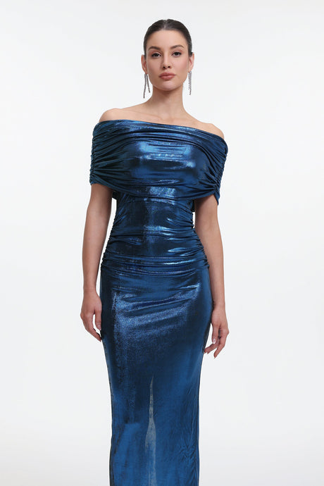 Shayla Blue Metallic Sheen Off-Shoulder Ruched Detailing Fitted Dress