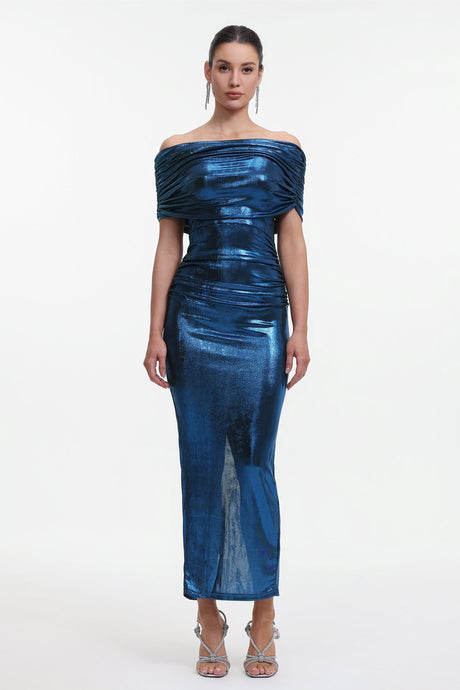 Shayla Blue Metallic Sheen Off-Shoulder Ruched Fitted Dress