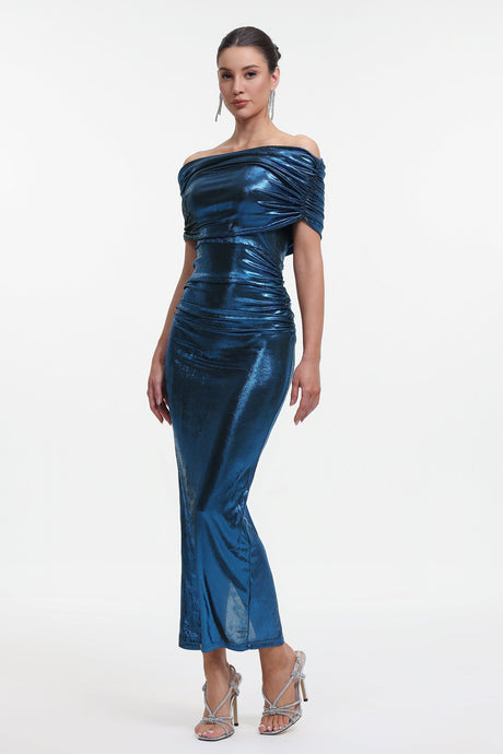Shayla Blue Metallic Sheen Off-Shoulder Ruched Fitted Dress