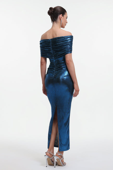 Shayla Blue Metallic Sheen Off-Shoulder Ruched Fitted Dress