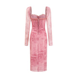 Shayla Dress Pink Lace Edge Semi - Sheer Bustier Midi & Long Sleeves