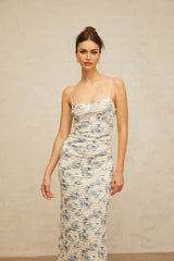 Shayla Maxi Dress Blue Floral Textured Square Neck Slip - On Floor - Length