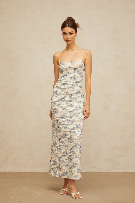 Shayla Maxi Dress Blue Floral Textured Square Neck Slip - On Floor - Length
