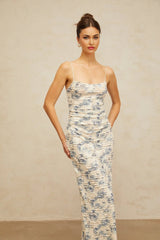 Shayla Maxi Dress Blue Floral Textured Square Neck Slip - On Floor - Length