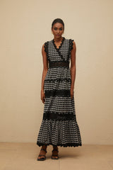 Shayla Maxi Dress - Sleeveless V - neck - Cut - Out Lace Panel - Scallop Trim