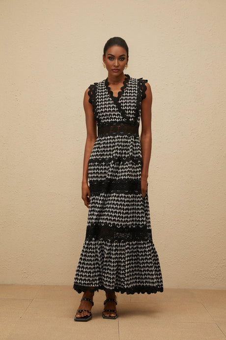 Shayla Maxi Dress - Sleeveless V - neck - Cut - Out Lace Panel - Scallop Trim