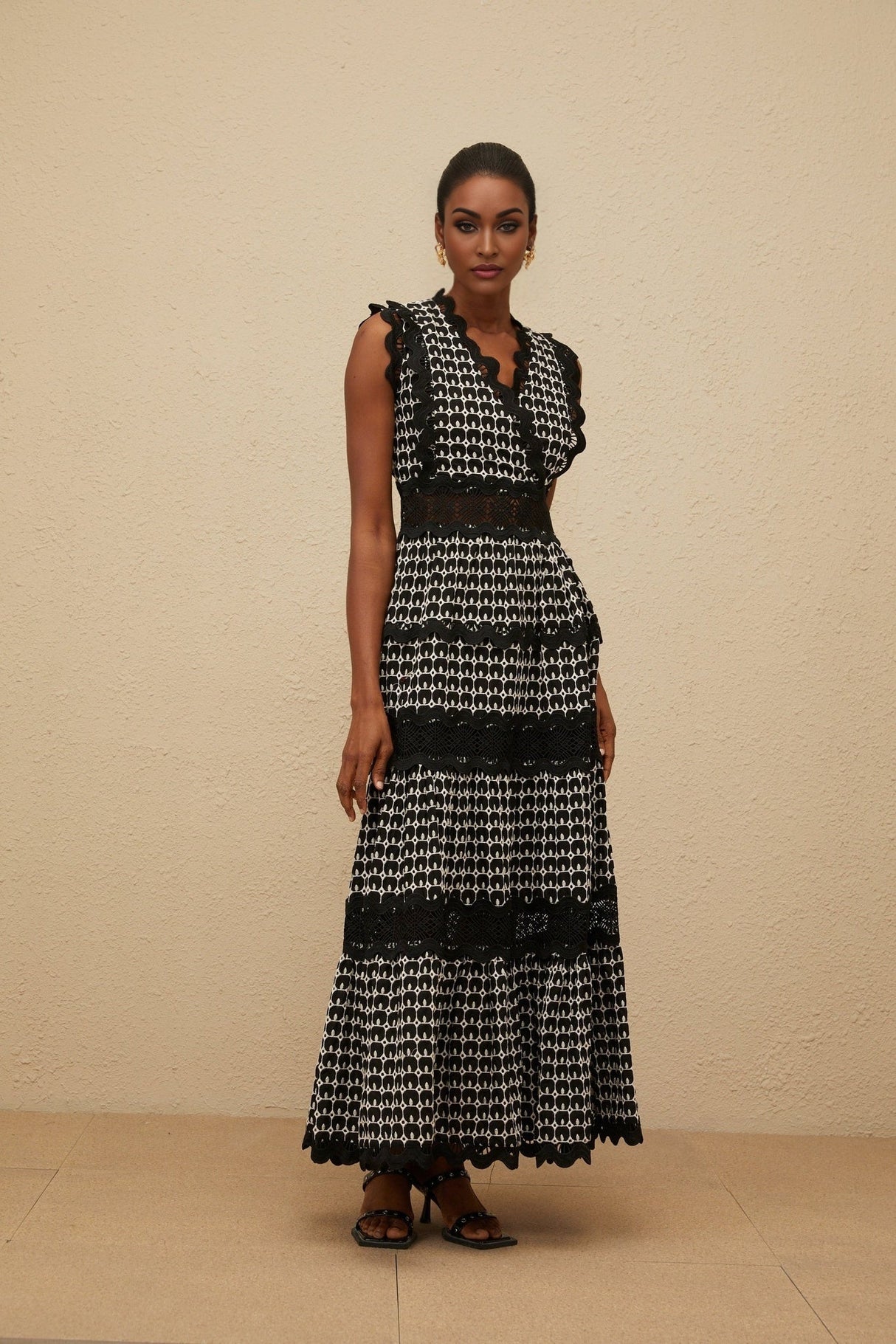 Shayla Maxi Dress - Sleeveless V - neck - Cut - Out Lace Panel - Scallop Trim