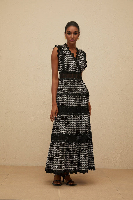 Shayla Maxi Dress - Sleeveless V - neck - Cut - Out Lace Panel - Scallop Trim