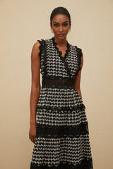 Shayla Maxi Dress - Sleeveless V - neck - Cut - Out Lace Panel - Scallop Trim