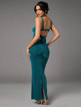 Shayla Maxi Dress - Slim Fit - Refined Style - Backless, Knot, Split - Sleeveless - Knitted Fabric - Neckline Straps - Hem Shaped Slit