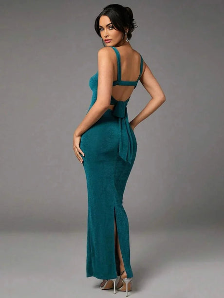 Shayla Maxi Dress - Slim Fit - Refined Style - Backless, Knot, Split - Sleeveless - Knitted Fabric - Neckline Straps - Hem Shaped Slit