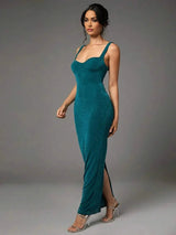 Shayla Maxi Dress - Slim Fit - Refined Style - Backless, Knot, Split - Sleeveless - Knitted Fabric - Neckline Straps - Hem Shaped Slit