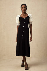 Shayla Midi Dress Black & White Knit Lace Panelled Button Detail