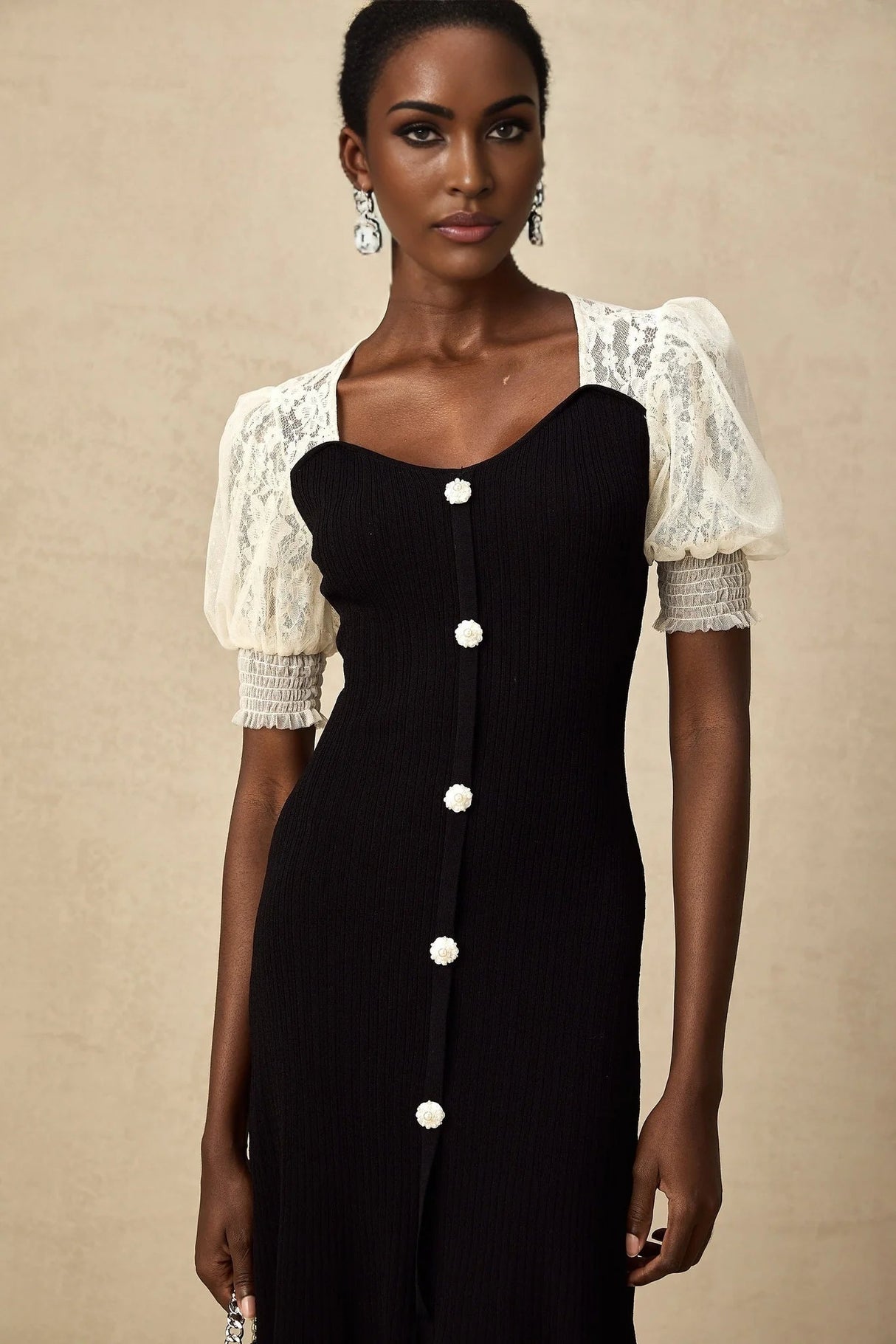 Shayla Midi Dress Black & White Knit Lace Panelled Button Detail