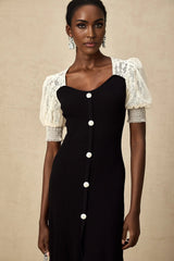 Shayla Midi Dress Black & White Knit Lace Panelled Button Detail