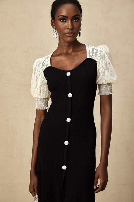 Shayla Midi Dress Black & White Knit Lace Panelled Button Detail