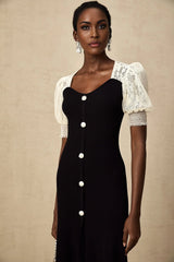 Shayla Midi Dress Black & White Knit Lace Panelled Button Detail