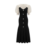 Shayla Midi Dress Black & White Knit Lace Panelled Button Detail