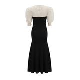 Shayla Midi Dress Black & White Knit Lace Panelled Button Detail