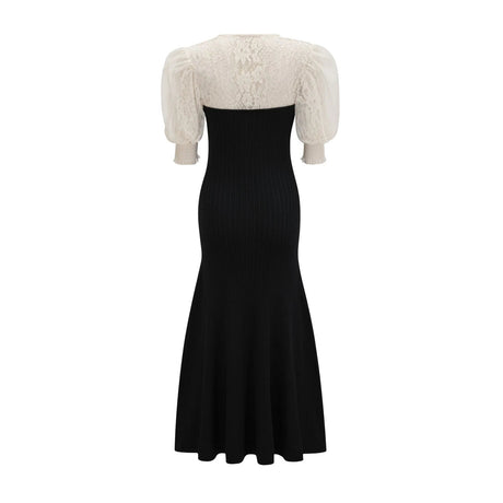 Shayla Midi Dress Black & White Knit Lace Panelled Button Detail