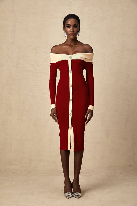 Shayla Midi Dress Red & White Knit Off Shoulder Pen&nbsp