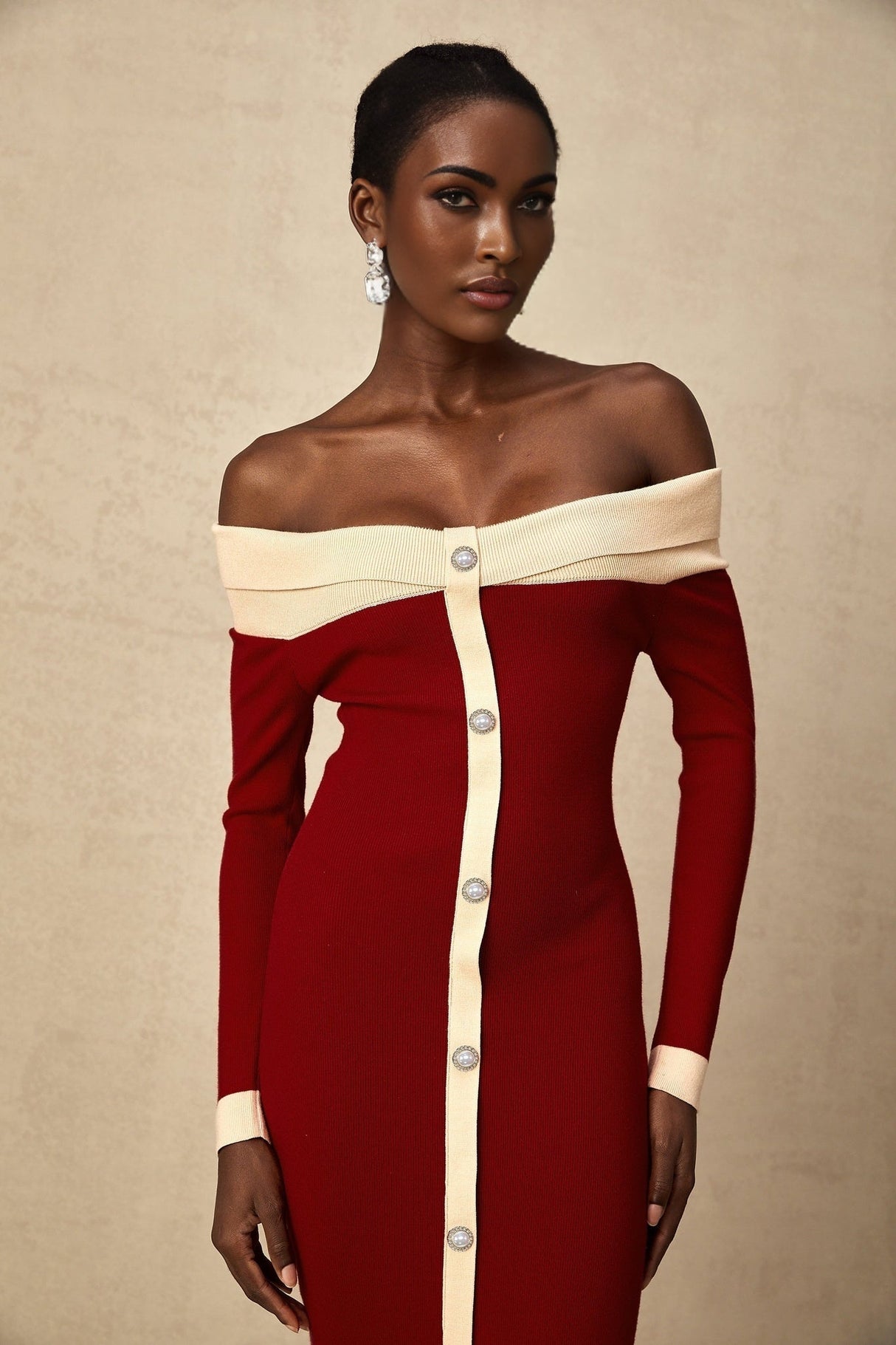 Shayla Midi Dress Red & White Knit Off Shoulder Pen&nbsp
