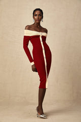 Shayla Midi Dress Red & White Knit Off Shoulder Pen&nbsp