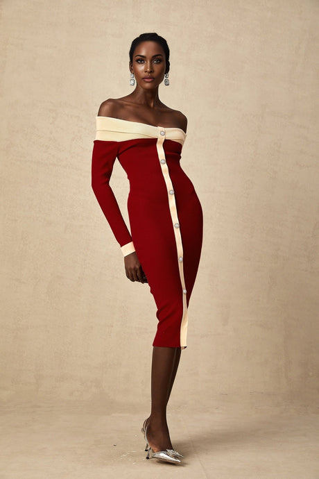 Shayla Midi Dress Red & White Knit Off Shoulder Pen&nbsp