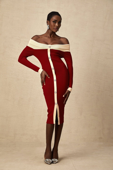Shayla Midi Dress Red & White Knit Off Shoulder Pen&nbsp