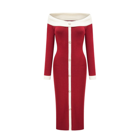 Shayla Midi Dress Red & White Knit Off Shoulder Pen&nbsp