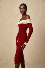 Shayla Midi Dress Red & White Knit Off Shoulder Pen&nbsp