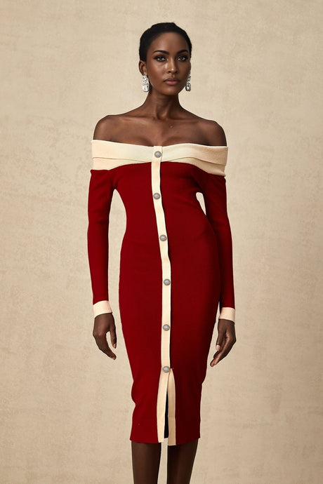 Shayla Midi Dress Red & White Knit Off Shoulder Pen&nbsp