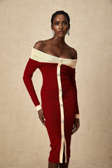 Shayla Midi Dress Red & White Knit Off Shoulder Pen&nbsp