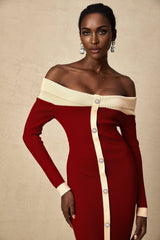 Shayla Midi Dress Red & White Knit Off Shoulder Pen&nbsp