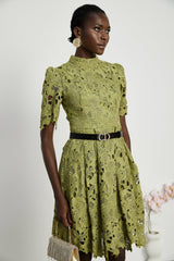 Shayla Mini Dress Green Floral Embroidered Cut Out ALine